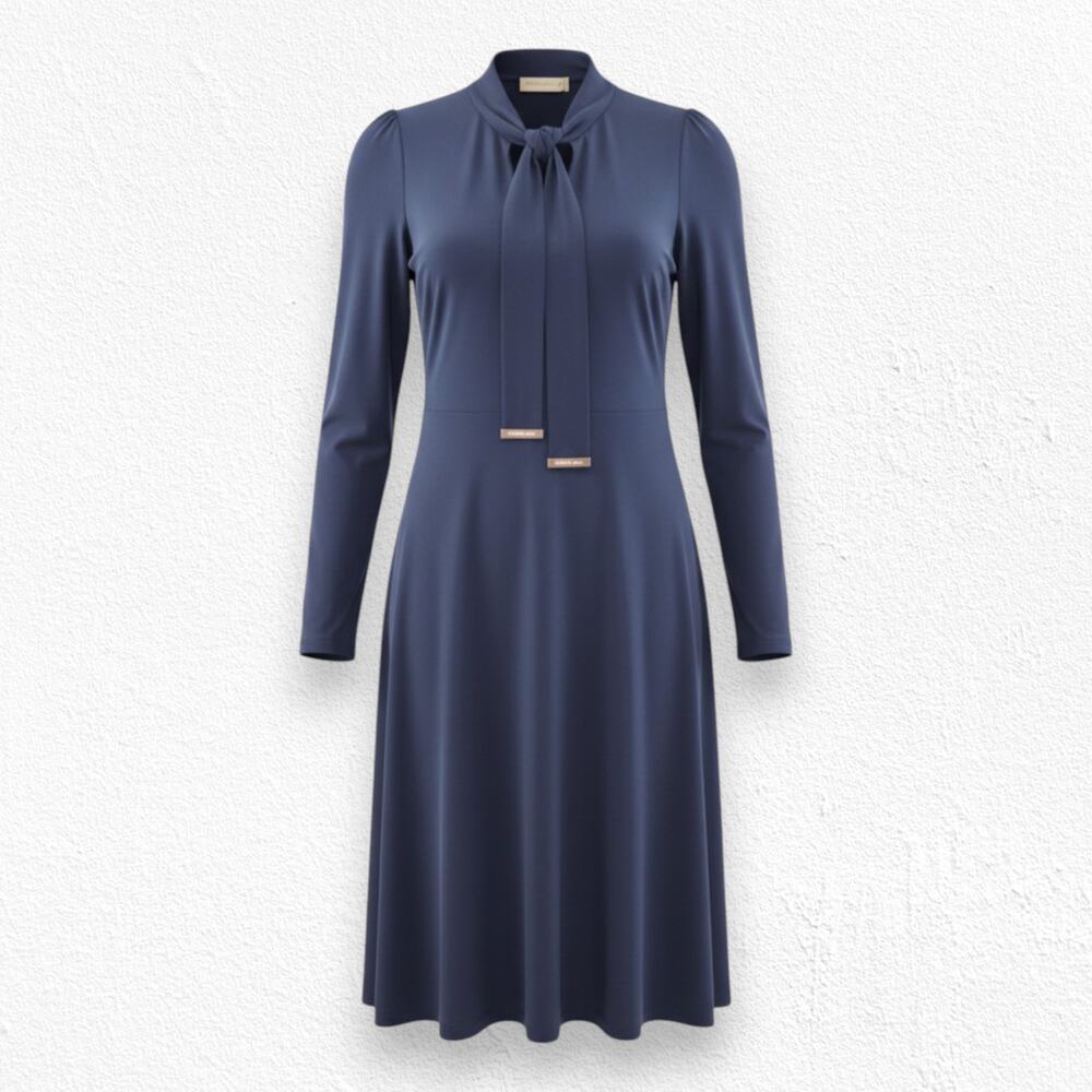 Michael Kors Navy Tie Neck Long Sleeve Shift Dress Size XS Minimalist Officecore